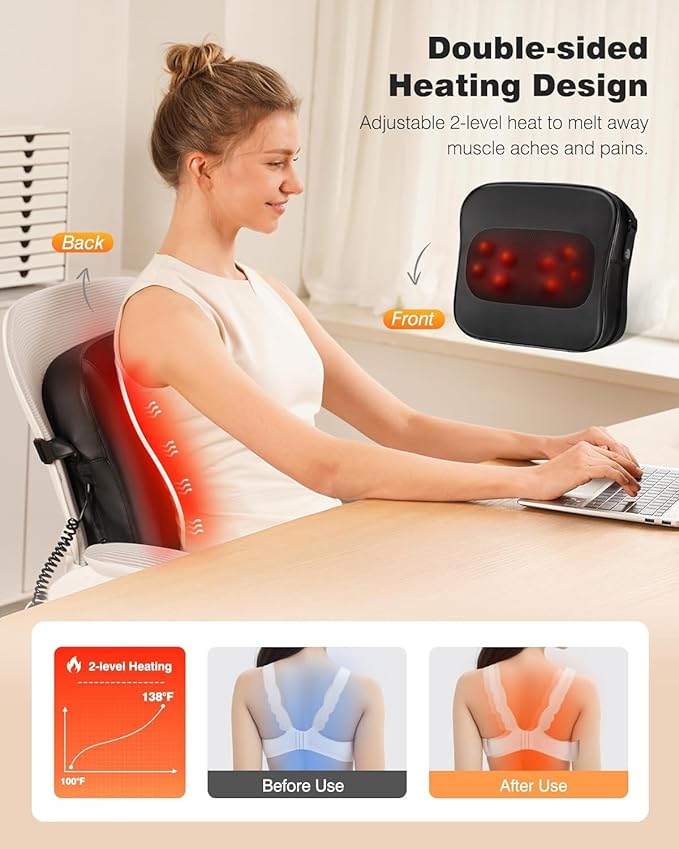 Shiatsu Back Massager with Heat - Deep Tissue 2-in-1 Kneading Chair Massage Pillow for Lower Back/Leg/Shoulder - Lumbar Support Pillow for Back Pain Relief - Christmas Gifts for Mom Dad Senior Women