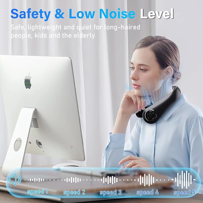 5000mAh Portable Neck Fan, [16H Long Lasting] Bladeless Personal Fan, 5 Speeds Wearable Fan for Neck, Ultra Quiet Rechargeable Cooling Fan for Travel, Outdoor, Hot Flashes, Golf, Office