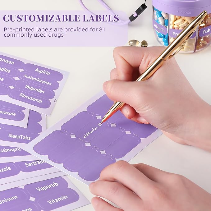 Pill Organizer,Travel Essentials Pill Container, Travel Pill Dispenser with Purple Lid，Pill Case Having 7 Large Compartments,Vitamin Organizer for Home Organization,Travel Containers