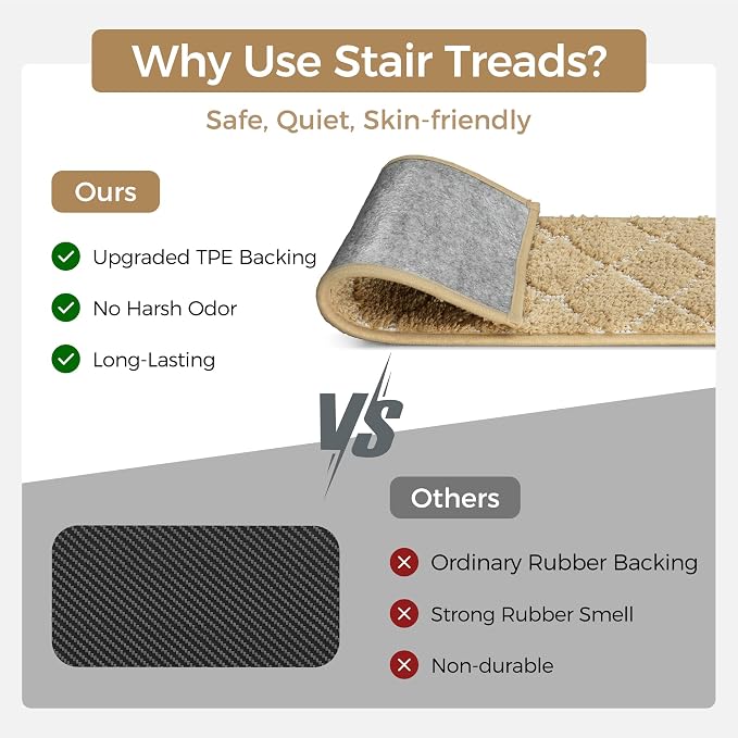 sarben 8"x30" Non Slip Stair Treads for Wooden Steps 15 Pack, Tan White | Peel and Stick Carpet Stair Runner with TPE Adhesive Backing, Carpet for Added Safety, Pet and Senior Friendly