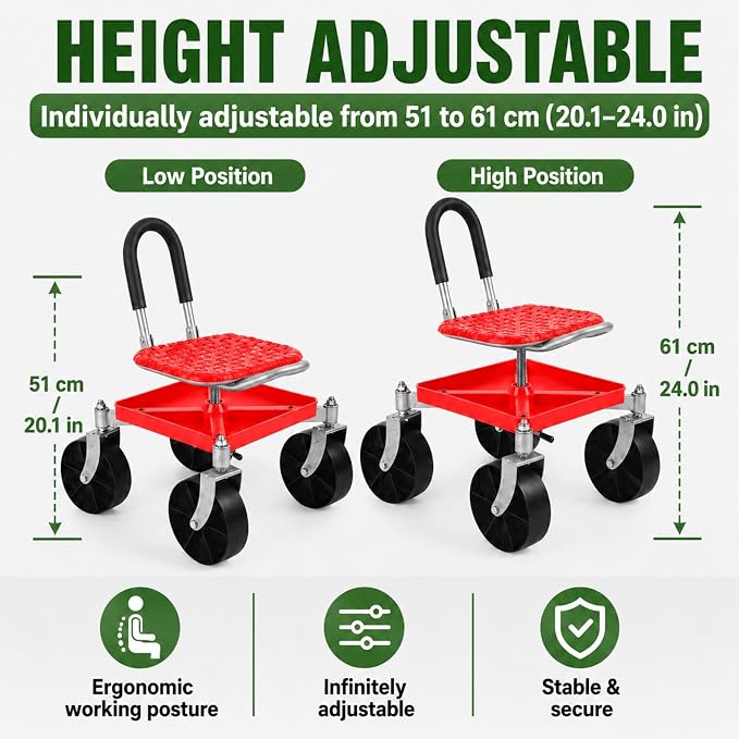 Rolling Garden Seat with Wheels, Adjustable Garden Scooter Stool with Backrest,Garden Cart with Tool Storage Tray & Backpack, Gardening Work Seat for Weeding, Planting, Yard Work (Without Backpack 2)