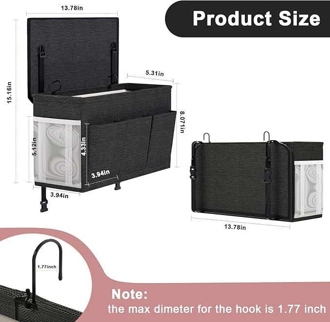 Bedside Caddy Storage Organizer for Bed Rails, Bed Caddy with 6 Pockets | Bedside Organizer with Fixed Straps and Hooks, Mattress Supported Versatile for Home, Dorm, Bunk, Hospital and Crib Bed