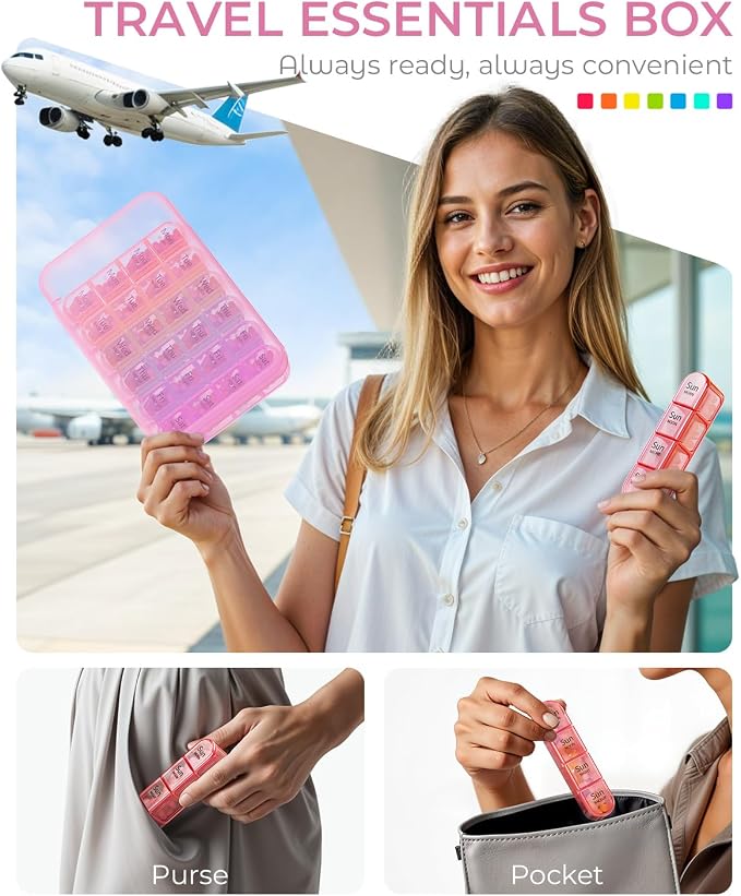 Odaro Weekly Pill Organizer 4 Times a Day, Daily Pill Box 7 Day, Large Travel Pill Case with 28 Compartment to Hold Medicine, Vitamin and Supplement - Pink Case