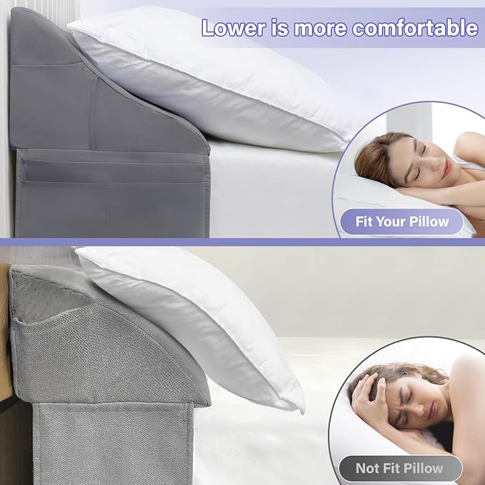 Vekkia Queen Bed Wedge Pillow for Headboard Gap – 0–6" Mattress Gap Filler with Supportive Comfort Foam & Large Side Pockets – Prevents Lost Pillows & Items, Washable Cover (Gray 60"x10"x7")