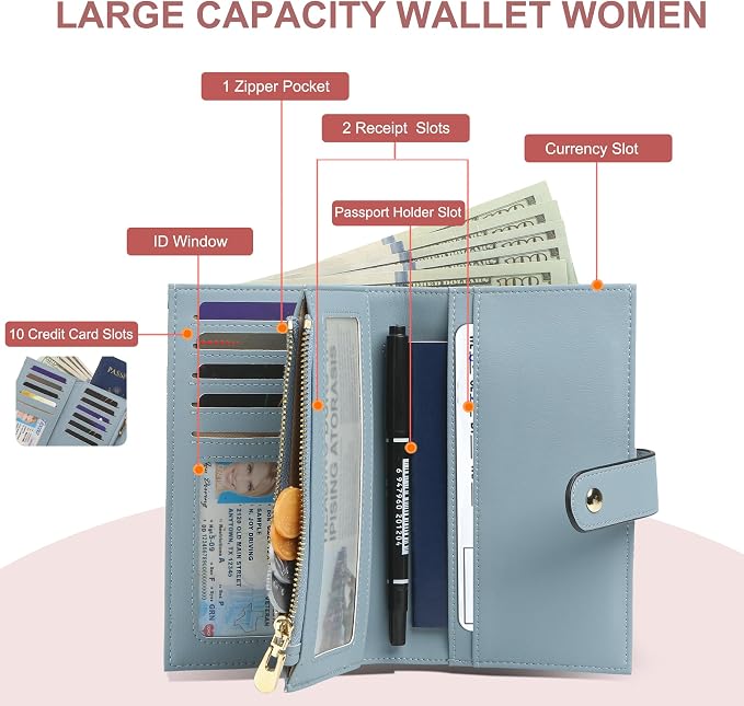 yiijay Womens Wallet RFID Blocking Vegan Leather Trifold Clutch Credit Card Holder Ladies Travel Wallet Purse with Pen Holder