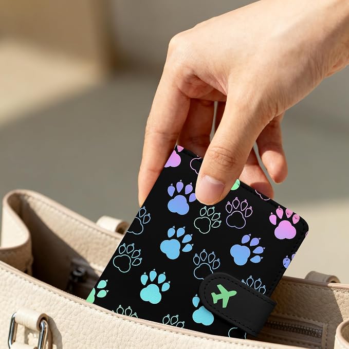 Passport Holder, Cute Travel Wallet Cover with RFID Blocking,Pawprint | PU leather travel wallet with magnetic closure, card slots, pen loop, and easy access for passports and essentials.