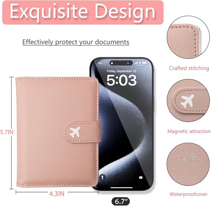 Passport Holder, Cute Travel Wallet Cover with RFID Blocking,Pink | PU leather travel wallet with magnetic closure, card slots, pen loop, and easy access for passports and essentials.