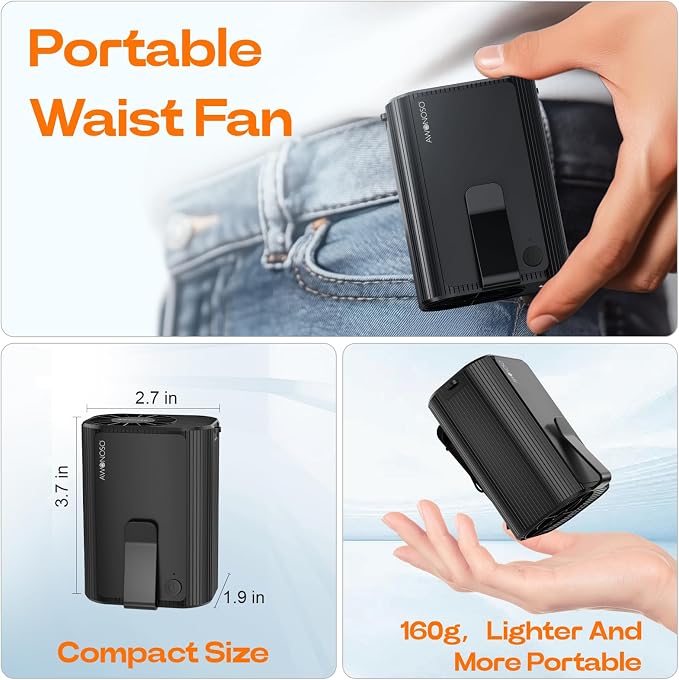 Awonoso 10000RPM Portable Waist Fan Clipped in Wearable Belt Personal Fan, 10000mAh Minimum Gear Endurance Up to 20 hours, 3 Speed Neck Fan, Desk Fans (Black) (Black)