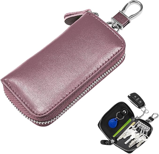 Leather Car Key Holder Bag, Unisex Key Fob Case with 6 Hooks, Zipper Closure Keychian Case Wallet for Smart Keys (Purple)