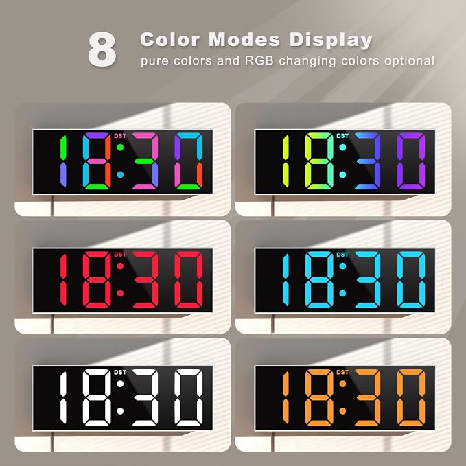JALL 12" Large Digital Wall Clock, Big LED Number Dispaly, RGB Colors, DST, Night Light for Classroom Living Room Bedroom Mounted Birthday Xmas Gift for Senior, Mem Womem (A White Shell, 12 inches)