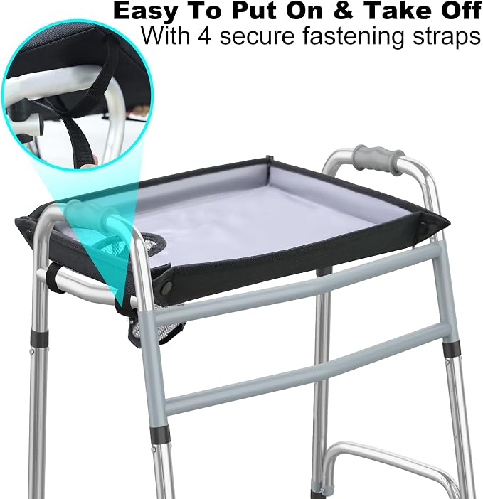 Walker Tray for Folding Walker with Cup Holder, Detachable Tray for Walker, Walker Accessories for Senior with Non-Slip Mat, Universal Fit for Meals, Drinks, Reading,Laptop (Black)