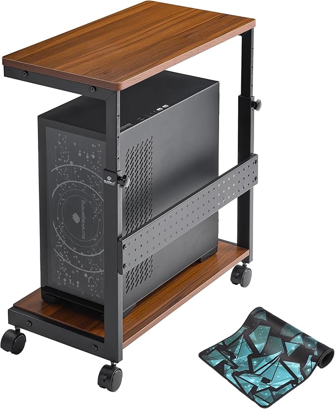 EUREKA ERGONOMIC PC Stand Computer Cart, Height Adjustable Tower Stand 2-Tier Suit for ATX Case Printer, Metal Rolling Cart on Wheels for Gaming Home Office, Embossed Texture,Teak