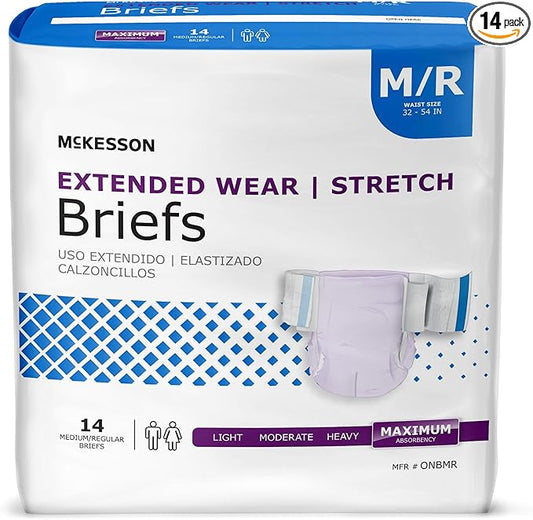 McKesson Extended Wear Stretch Briefs, [14 Count], M/R, 32-54 in. Incontinence Adult Diapers, Maximum Absorbency, Unisex, Disposable, Elastic Leg Gathers and Contoured Fit for Men and Women
