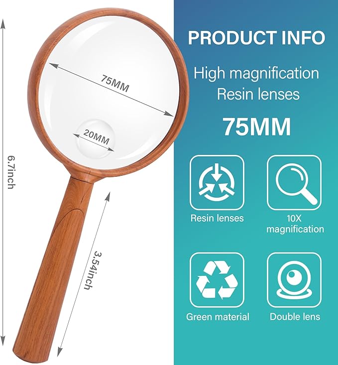 Feosky Handheld Reading Magnifier, 10X Magnifier, 75mm Shatterproof Lens, Adults Close Work Non-Slip Handle for Seniors Reading and Nature Exploration(Wood Grain)