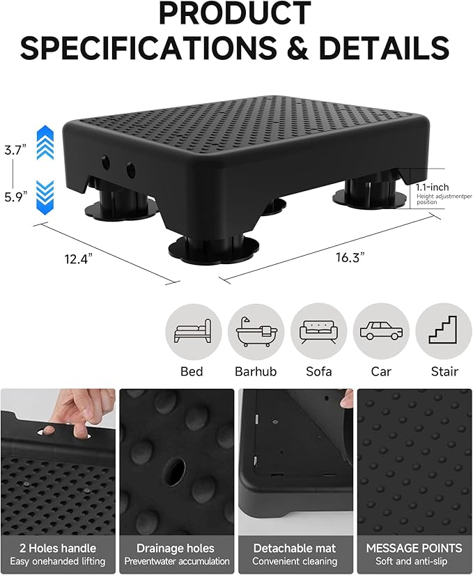 Adjustable Step Stool for Adults, Bed Step Stools, 600 LBS Capacity Safety Wide Step Platform, Indoor and Outdoor Steps for Seniors, Non-Slip Stepping Stool Elderly Assistance, Black