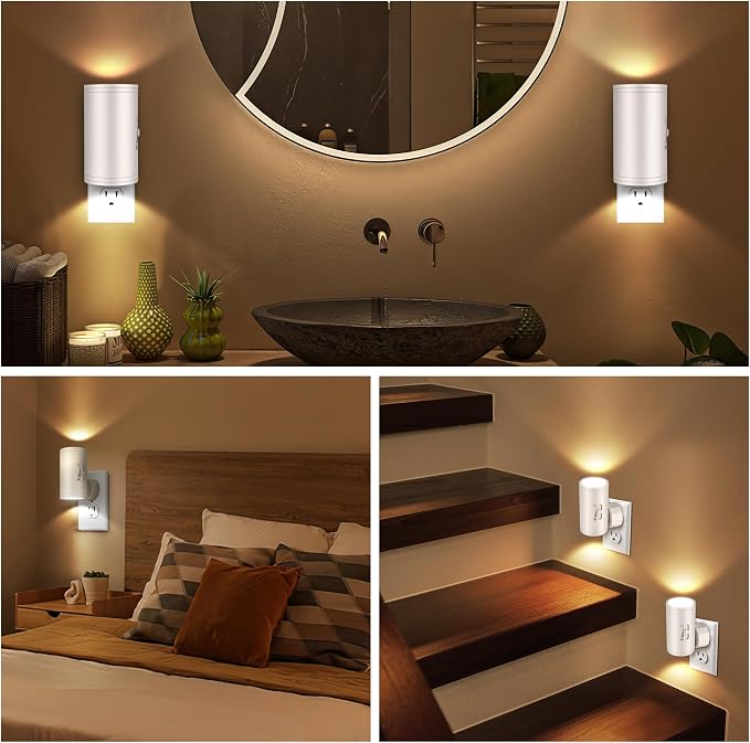 4 Pack LED Plug-in Wall Night Light with Dimmable 0-300 Lumens, 3000K Soft White, Auto On/Off Light Sensor & Adjustable Head for Hallway, Stairs, Bedroom