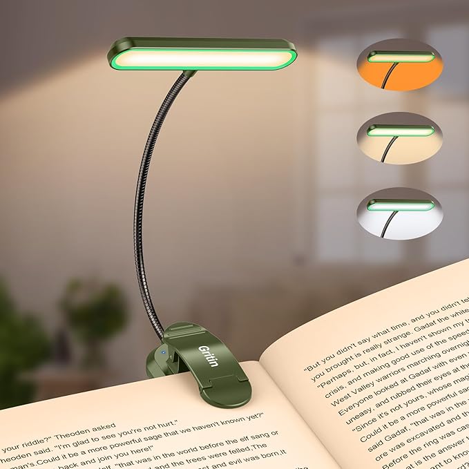 Gritin Rechargeable Book Light for Reading in Bed with 19 LED | Eye Caring 3 Color Temps, 5 Brightness Levels, Memory Function, 90 Hrs Runtime Flexible Goose Neck Clip on Light-Deep Green