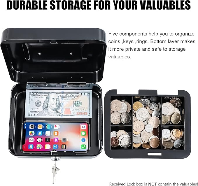 KYODOLED Metal Cash Box with Key Lock & Money Tray - Secure Safe for Home, Office & Events, Ideal for Cash, Meds & Small Items, 7.87" x 6.30" x 3.35", Black, 4 Pack