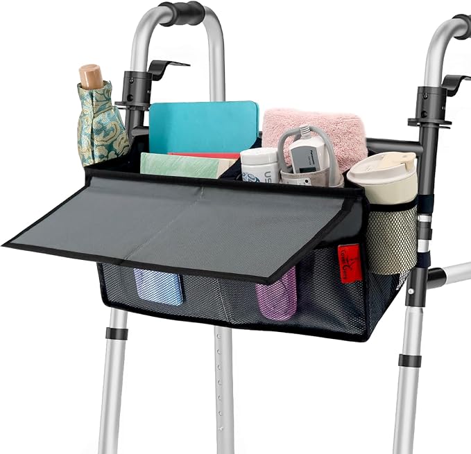 Walker Basket for Width 16"-20" Folding Walkers/Rollators, Large Capacity Walker Storage Baskets with Cup Holder, Lid & Multiple Pocket, Easy to Use Walker Tote Bag for Seniors, Gray.