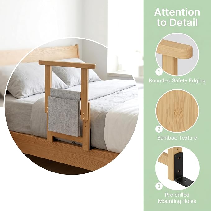 Bamboo Bed Assist Rail for Seniors Adjustable Grab Bar 300lbs Nature | Non-Slip Handle, Storage Pocket, Fits 4–12 inch Mattresses, Fits Twin, Full, Queen & King Beds