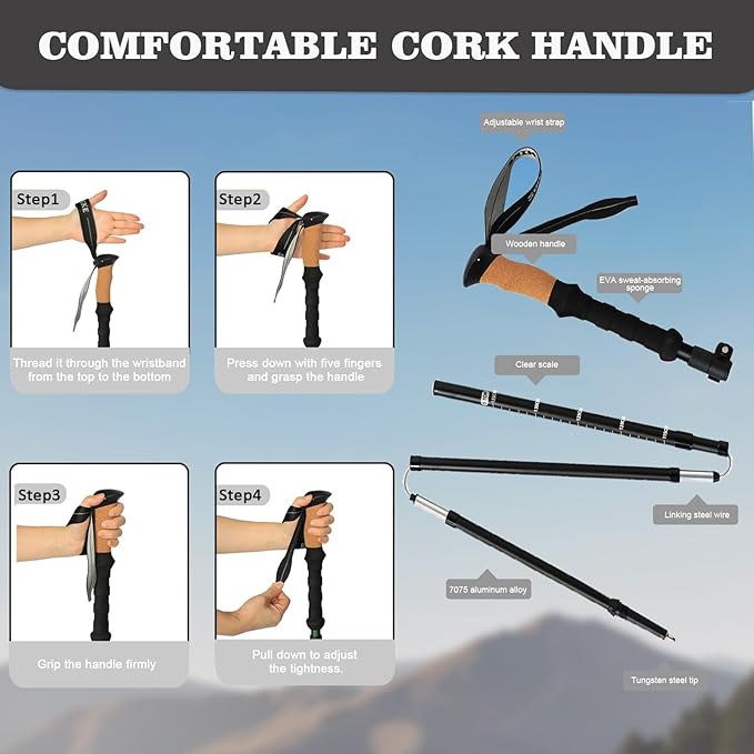 HUINING Hiking poles with cork handle, foldable hiking poles, telescope, Nordic walking poles for men and women, trekking poles, ultralight trekking poles made of aluminium with lots of accessories