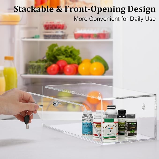 JUXYES Acrylic Clear Refrigerator Medicine Organizer Box with Lid and Lock for Wall and Tabletop - Transparent Medicine Storage Bin - Stackable Fridge Lockable Pill Container for Medical Supplies, L ﻿