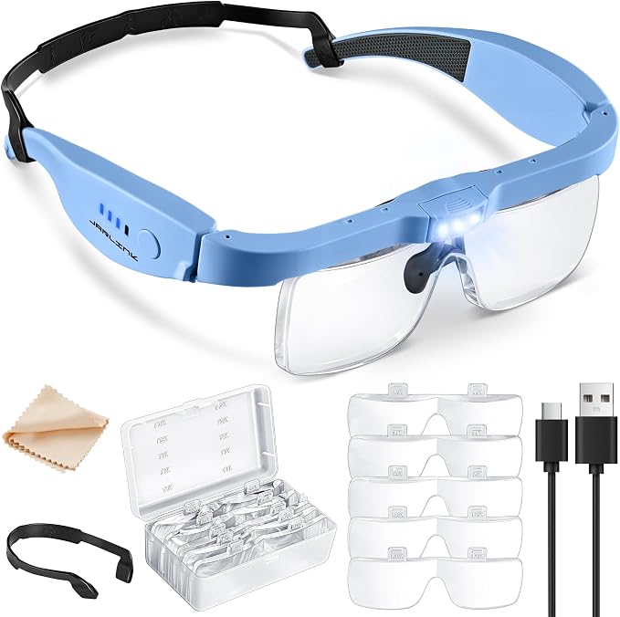 JARLINK Magnifying Glass with Light, 5 Lenses, Rechargeable Headset | Features 5 Lenses (0.75-4.0X) and 3 LED Lights. Rechargeable Headset Magnifier for Close Work, Crafts, and Model Makers