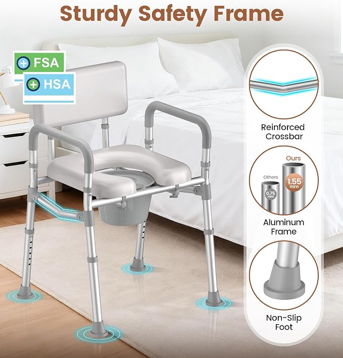 soundfuse Bedside Commode Toilet, Padded Seat and Backrest, Aluminum Frame | Height Adjustable, Dual-Crossbar, Portable Toilet for Seniors and Adults, Removable Potty Bucket, Tool-Free Assembly, 350 lbs