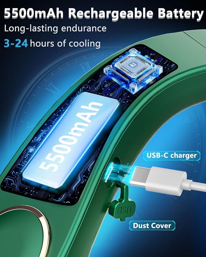 FWV Personal Neck Fan with Cooling Plate, Noiseless 5-Speed Airflow, 5500mAh 3-24H Battery, LED Display Wearable Head Fans, Bladeless Portable Neck Air Conditioner for Worker Traveler Runner Green