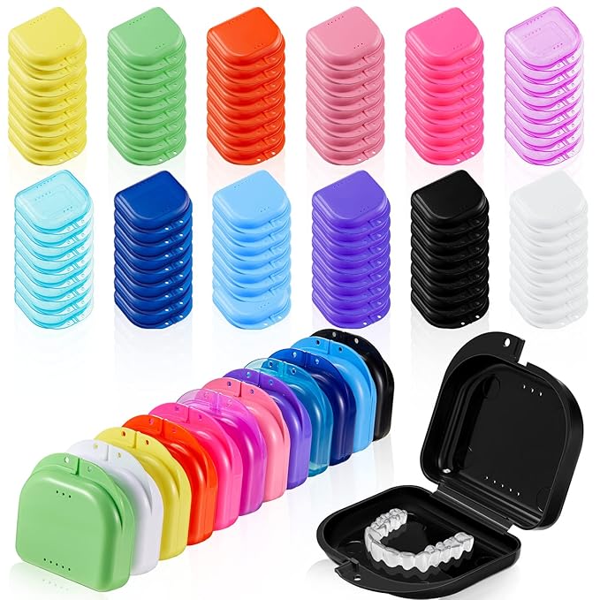 Sherr 120 Pcs Dental Retainer Cases Bulk with Holes 12 Colors Denture Case Mouth Guard Holder False Teeth Container Multicolored Retainer Holder for Travel Office Home
