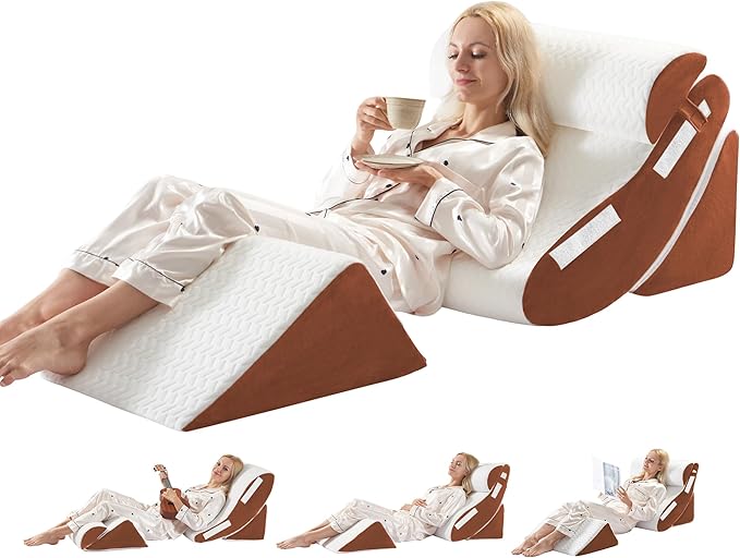 Orthopedic Bed Wedge Pillow Set 4PCS – Memory Foam Pillows for Sleeping, Post Surgery, Back Pain, Sitting Up in Bed, Acid Reflux, Snoring, Leg & Arm Support, White Brown