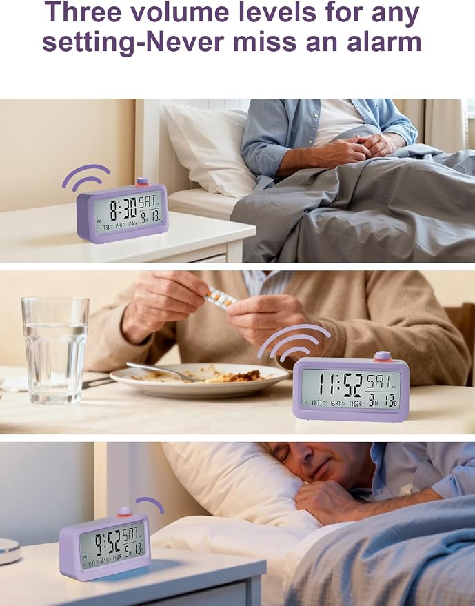 Medication Pill Reminder, Rechargeable Talking Alarm Clock with 3 Custom Voice Recording Alarms, Touch-to-Talk, a Digital Alarm Clocks Gift for Mom/Dad/Seniors/Elderly(Pruple)
