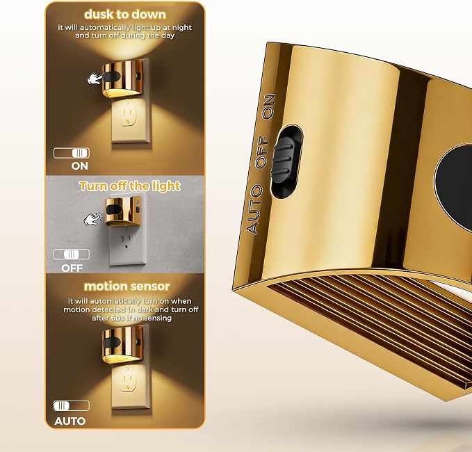 L LOHAS LED Motion Sensor Night Light, Night Lights Plug into Wall, 2 Pack | Nightlight with Dusk to Dawn & Motion Detection Sensor, 30-100Lm Adjustable Brightness, 3000K Warm White, Gold Housing