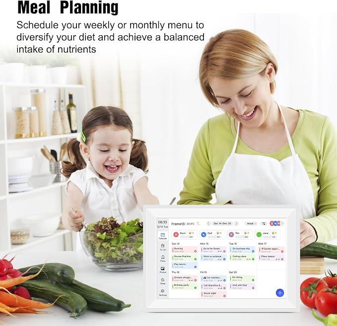 10.1" Smart Digital Wall Calendar Interactive Display for Family Schedules Wall Planner with Chore Charts Meal Planning Task Rewards 32GB Storage 1280x800P IPS Touchscreen Digital Picture Frame White