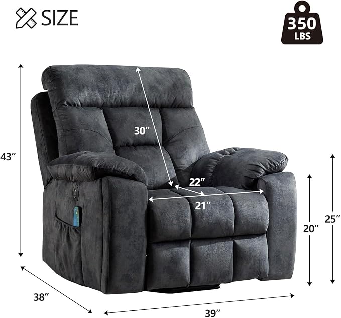 Large Power Lift Recliner Chair with Massage and Heat for Elderly Big and Tall People, Overstuffed Wide Recliners with 2 Cup Holders, Side Pocket and USB Port, Grey