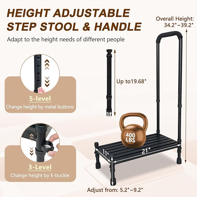 KAAMOS Bedside Step Stool with Handrail for Elderly, Medical Foot Step Stool with Handle to Get in Bed, Adults Bed Steps for High Beds, Heavy Duty Adjustable Stepping Stool Handicap Step for Bedroom
