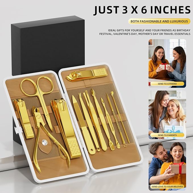 Manicure Set, Stainless Steel Nail Clipper Set with Travel Case | 12-Piece Set with Thicker Steel, Precision-ground Cutting Edges, and Smooth-finished Tools for Clean, Precise Trimming.