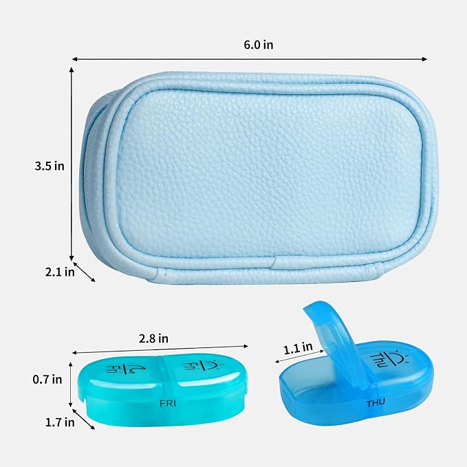 Serfeymi Weekly Travel Pill Organizer 2 Times A Day AM PM Upgraded Rainbow Pill Box 7 Day with Portable Zipper PU Leather Pill Case, Medicine Organizer for Pills, Vitamins, Fish Oils - Blue 01