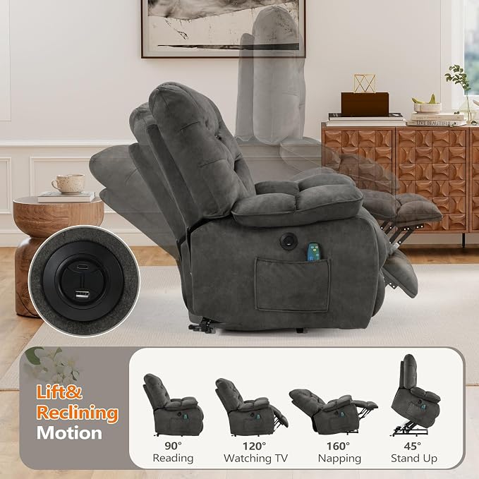 HAOMARKETS Oversized Power Lift Recliner Set of 2 with Massage and Heat for Elderly, Electric Lifting Reclining Chair with Side Pockets and USB Port for Living Room, Dark Grey