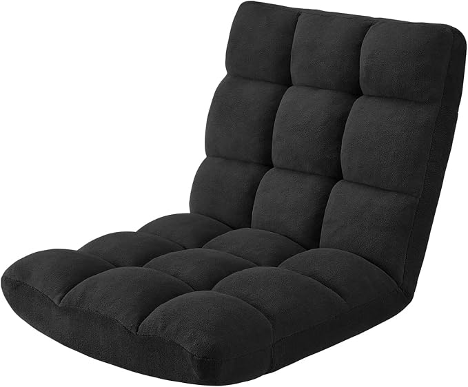 Folding Floor Gaming Chair, 14-Position Adjustable Backrest, Skin-Friendly Flannel & Aluminum Alloy Frame, Ideal for Reading, Gaming, Sleeping, Black