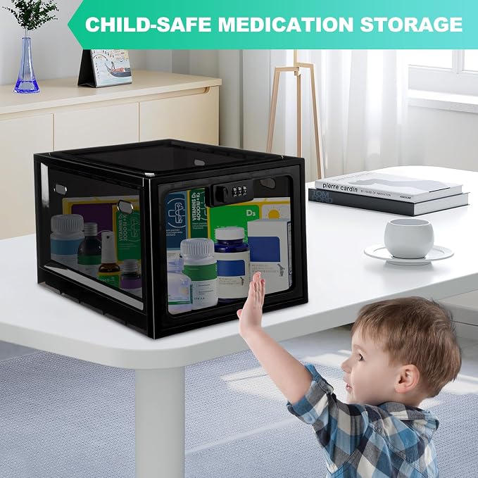 Medication Lock Box with Code, 12.6L Large Lockable Storage Box for Medicine, Snacks, Phone, and Electronics - BPA-Free, Clear Design with Charger Holes for Home, Office, Dorm, and Fridge