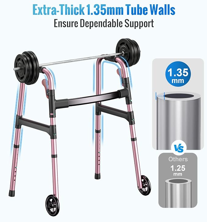 HOMLAND Standard Walkers for Seniors, 6.5lb Lightweight Foldable Walker | One-Hand Folding, 8 Height Adjustments, 350lb Capacity, Easy to Assemble, 2 Skis, 5" Wheels, Aluminum Frame, Rose Red