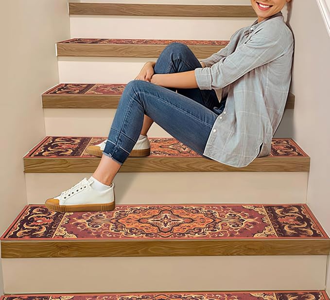GIB Stair Treads for Wooden Steps Indoor, 15 Pack 8" X 30" Non Slip Carpet Stair Treads with Reusable Adhesive for Kids Elders and Dogs, Boho Vintage Oriental Stair Runner, Orange Red