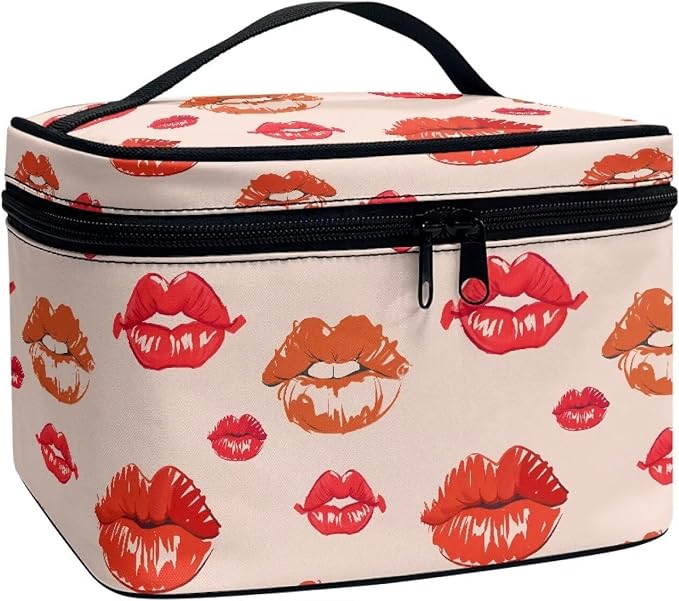 Red Kiss Lips Makeup Bag Travel Cosmetic Bag for Women, Women Lip Pattern Portable Travel Bag for Toiletries Makeup Box