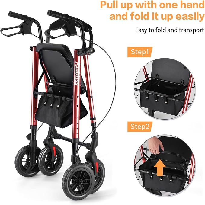 Foldable Rollator Walker for Seniors with Seat,4 Wheel Rolling Walkers | 300lbs walker with tray for Adults & Mobility Impaired|8" Airless Tires|Anti-tip brakes|Adjustable height|Tool-Free Assembly