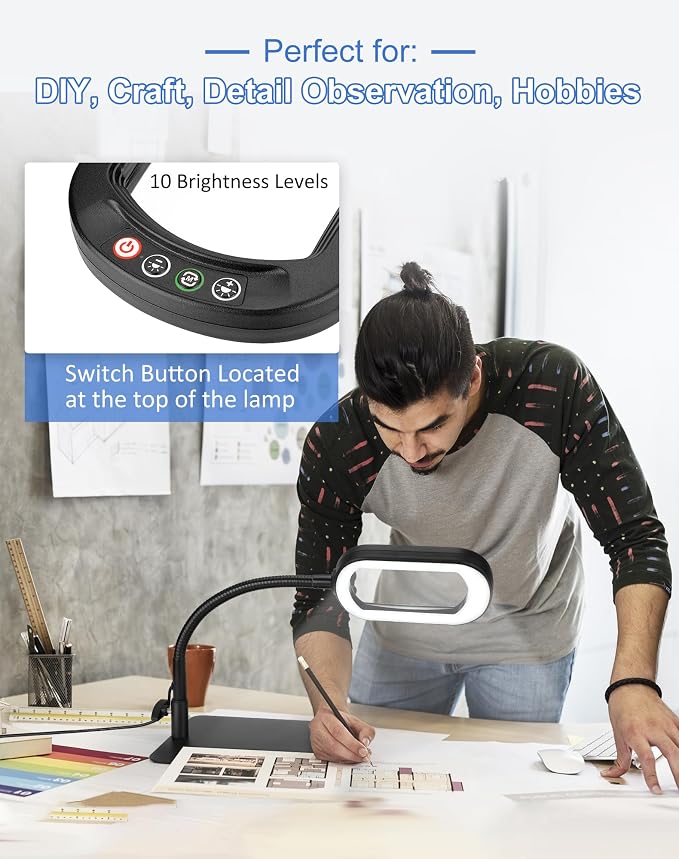 IVMAIE 12X Magnifying Glass with Light and Stand LED Magnifier with Light Hands Free Lighted Magnifying Desk Lamp Dimmable for Close Work Craft Read Cross Stitch Sewing Repair Hobby Rectangular