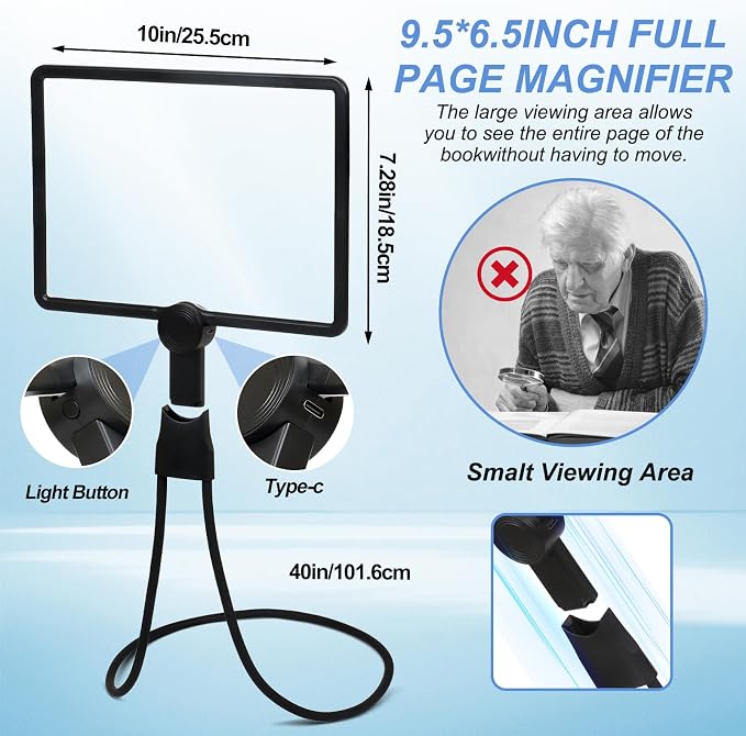 5X Large Hands Free Magnifying Glass with Light Full Page Magnifier for Reading with 50 Ultra-Bright LEDs and Flexible Gooseneck Neck Magnifying Glass with Light for Cross-Stitching Sewing Elderly