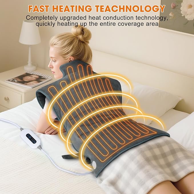 Heating Pad for Back Neck Shoulders, Large Wearable Relax Muscles, Birthday Gifts for Women Men Mom Dad Elderly, 3 Heat Settings/2-Hour Safe Auto-Off, 24"×37" Ergonomic Fit Design-Gray
