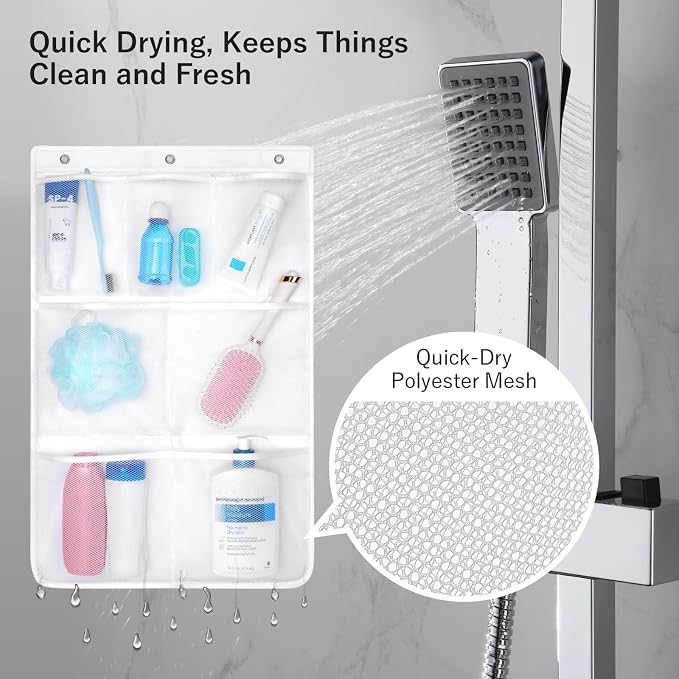 F-color 7-Pocket Mesh Shower Caddy - Hanging Shower Organizer for Cruise | Quick-Dry & See-Through Mesh for Toiletries, Fits Shower Rod Rings or Sticky Hooks for Bathroom & RV, Cruise Essentials 2026