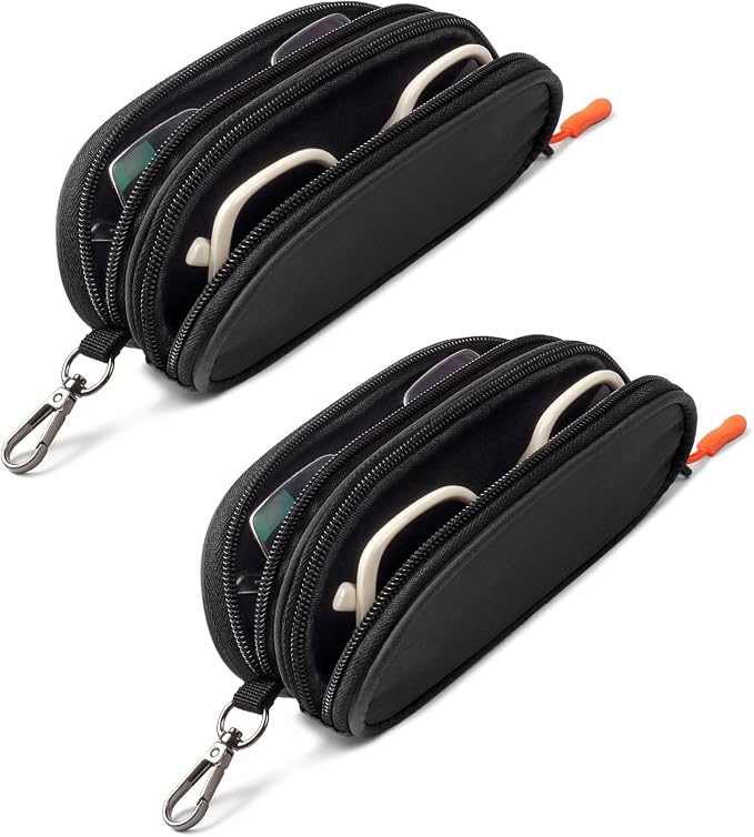 Double Eyeglasses Case Soft Portable Zipper Sunglasses Pouch with Keychain Clip for Men Women